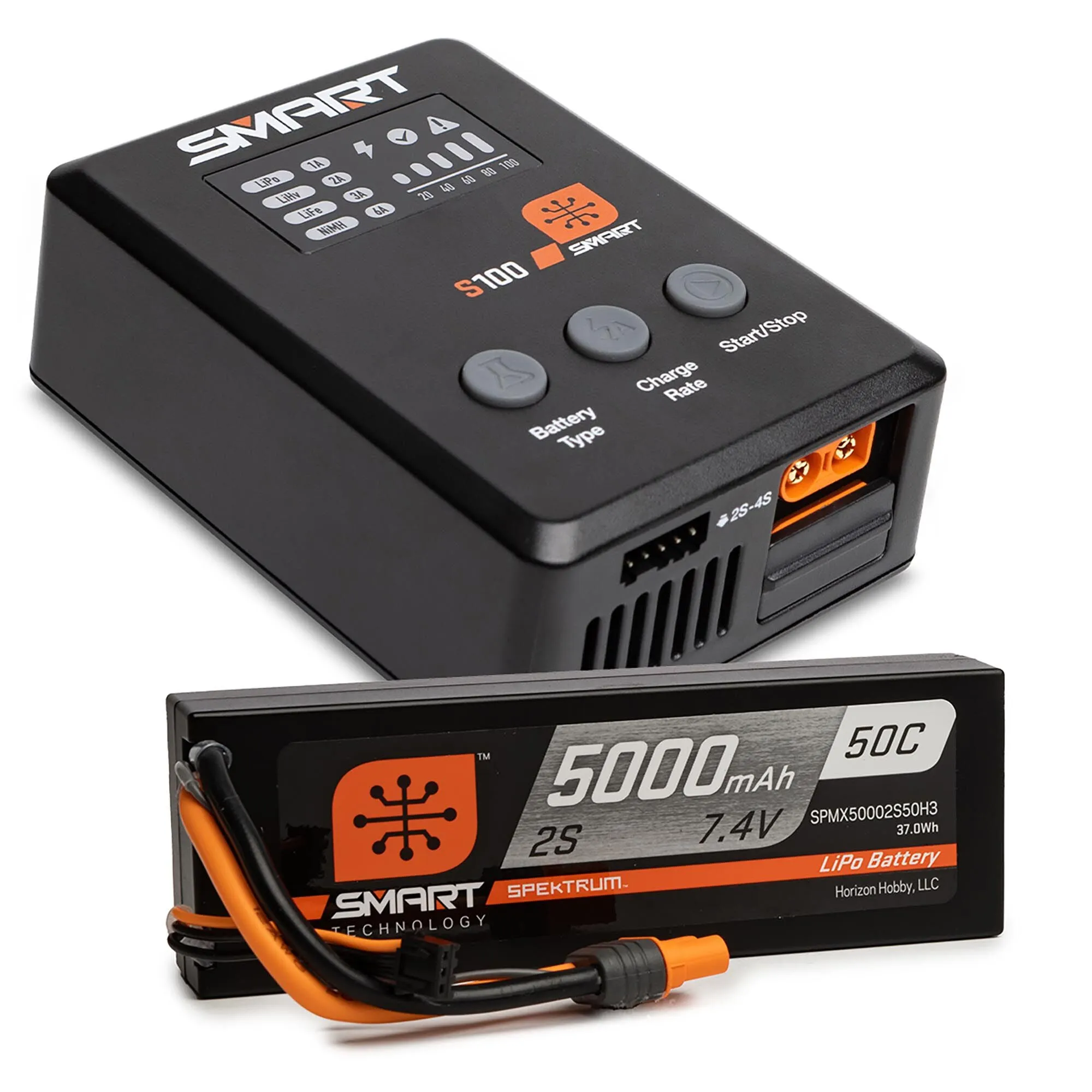 Spektrum Smart Powerstage Surface Bundle: 5000mAh 2S 50C LiPo Battery (IC3) / 100W S100 Charger SPMX-1031