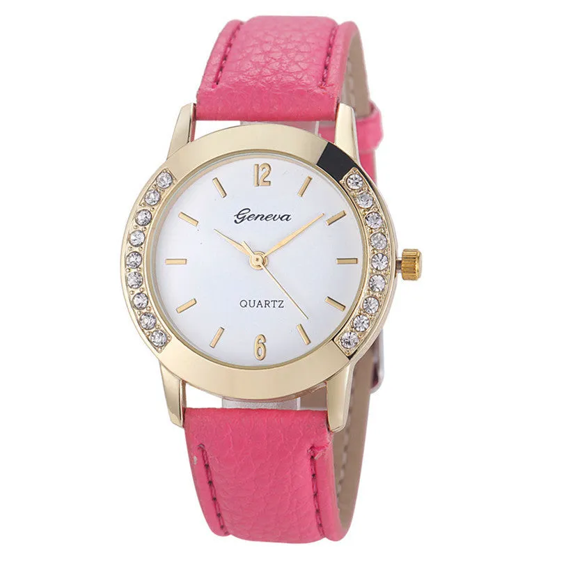 Superior New Fashion Diamond Analog Faux Leather Quartz Wrist Watch for Women