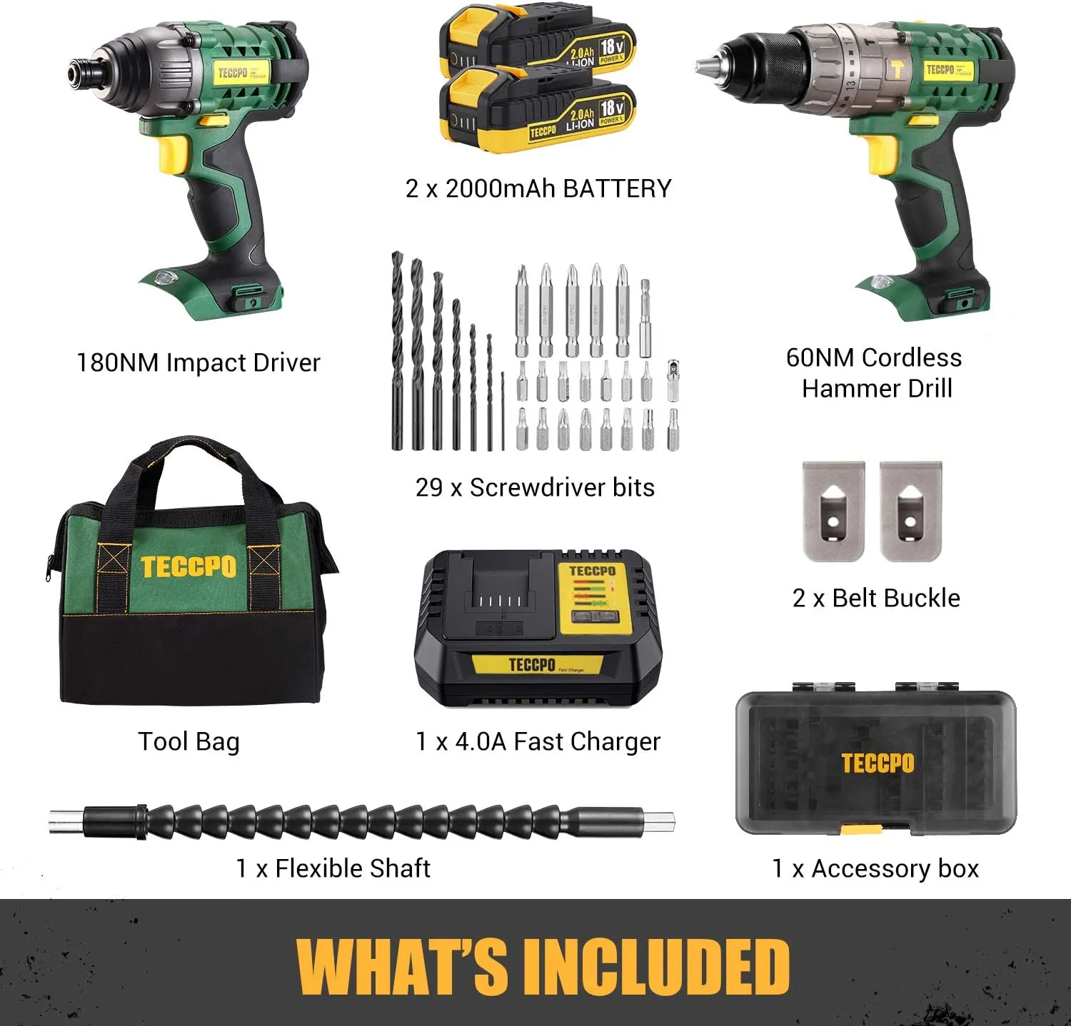 TECCPO 18 Combo Kit, 180Nm Impact Driver, 60Nm Cordless Drill Driver, 30min Fast Charger, Twin Pack, 2 Batterie 2.0Ah, 2900RPM Max Speed - TDCK01P