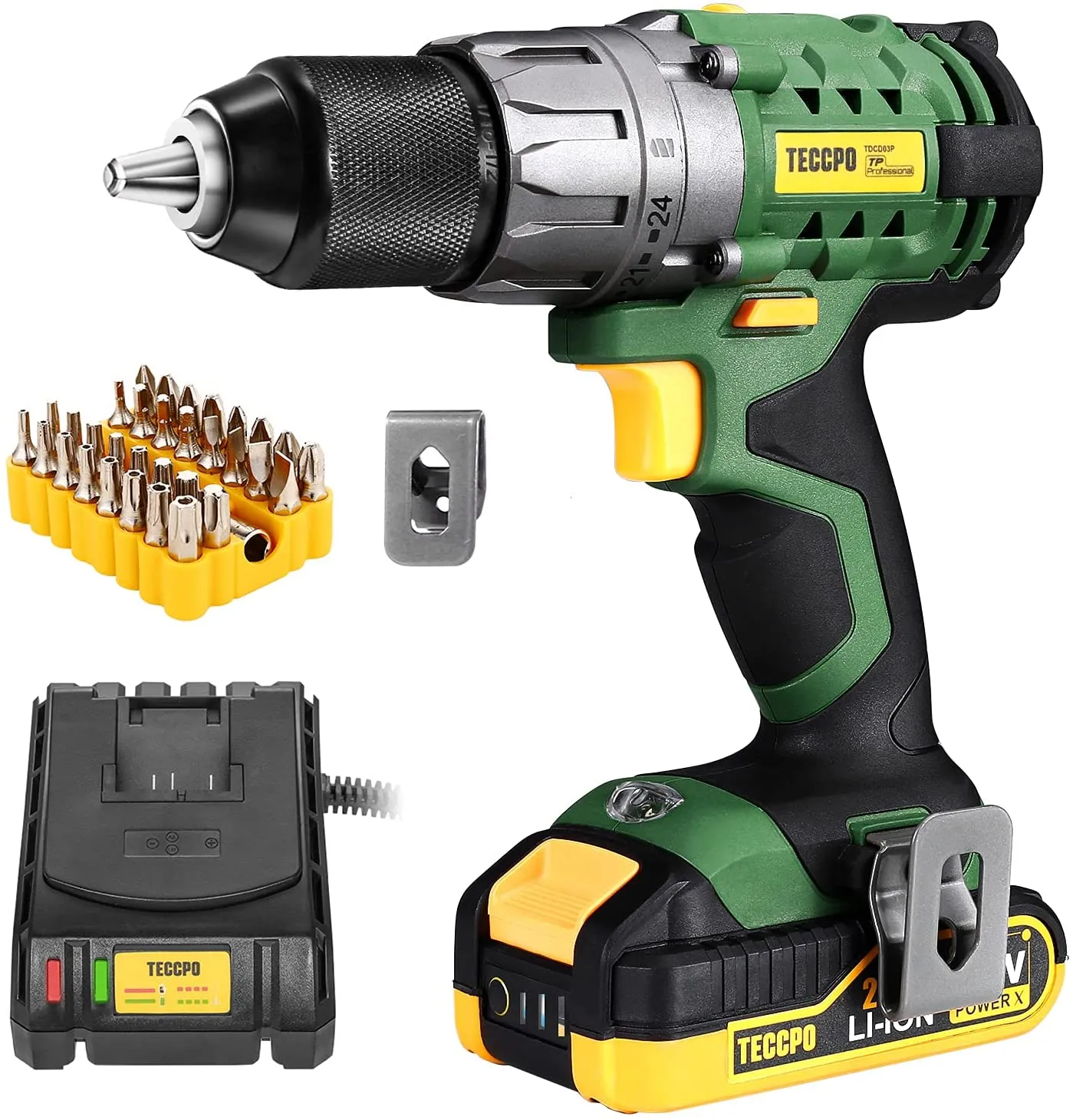 TECCPO Cordless Drill, 20V Drill Driver 530 In-lbs Torque, 24 1 Torque Setting, Fast Charger 2.0A, 2-Variable Speed, 33pcs Accessories, 1/2" Metal Keyless Chuck, 2000mAh Batteries, Upgraded Version - TDCD03P