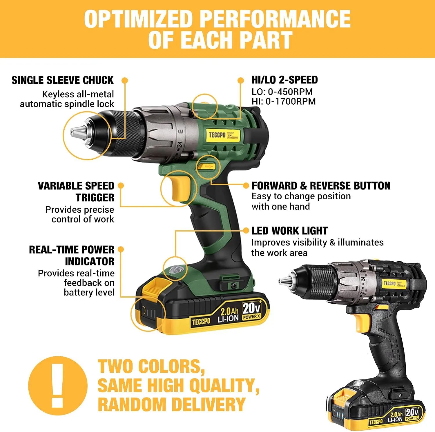 TECCPO Cordless Drill, 20V Drill Driver 530 In-lbs Torque, 24 1 Torque Setting, Fast Charger 2.0A, 2-Variable Speed, 33pcs Accessories, 1/2" Metal Keyless Chuck, 2000mAh Batteries, Upgraded Version - TDCD03P