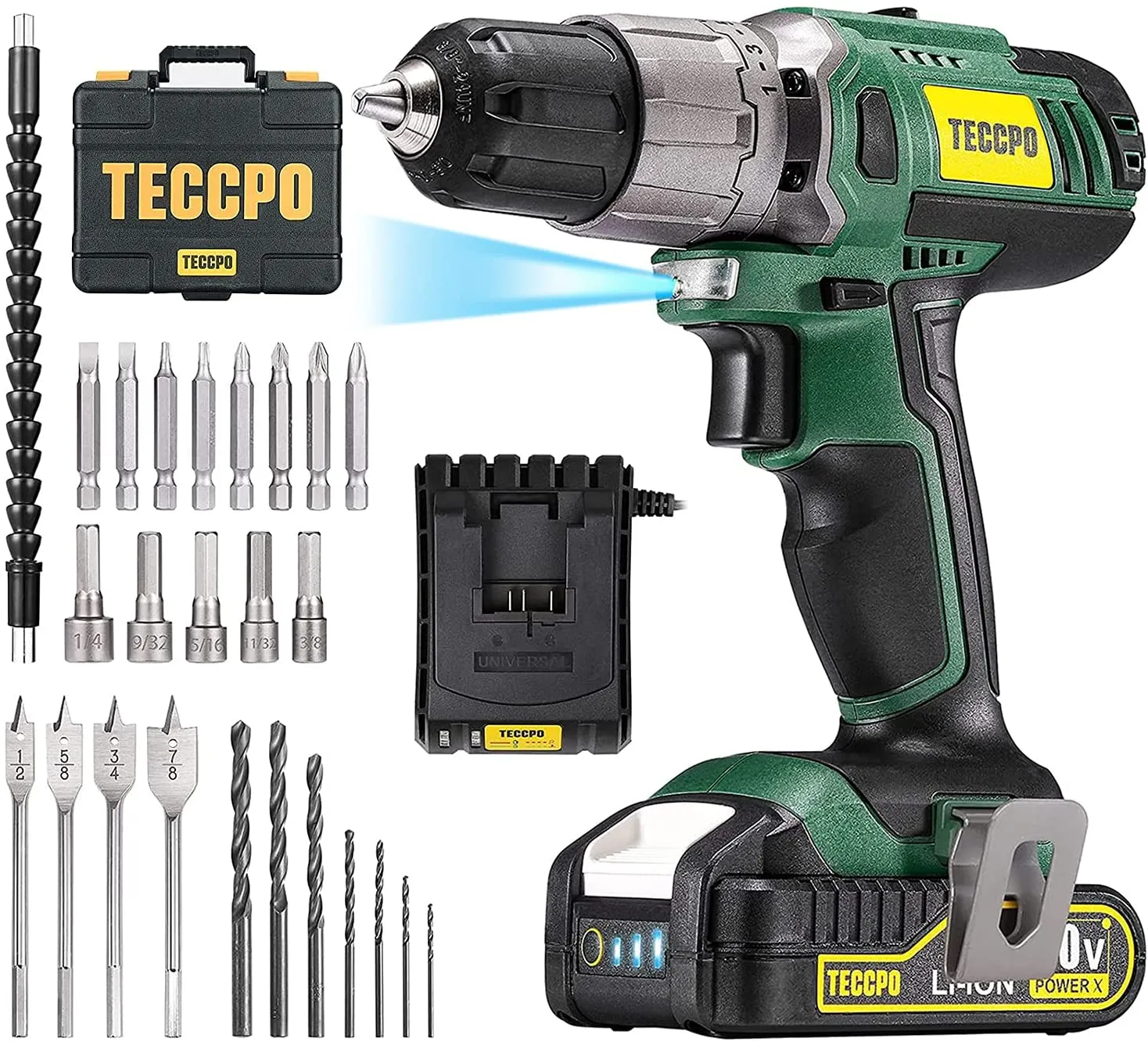 TECCPO Cordless Drill, Drill Driver Set with 29 Pcs Accessories, 2-Speed, Max 310In-lbs, 2.0Ah Battery, 60-Min Fast Charger, 21 1Torque Setting, Tool Case, Power Tool for General Household - BHD100D