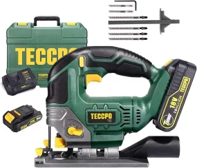 TECCPO Cordless Jigsaw, 18V Jig Saw, 2000mAh Battery, 30 Minute Fast Charger 2.0Ah, LED Light, 0~2300SPM, Stroke Height 22mm, Maximum Cutting Angle 45 °, Six Saw Blades - TDJA22P