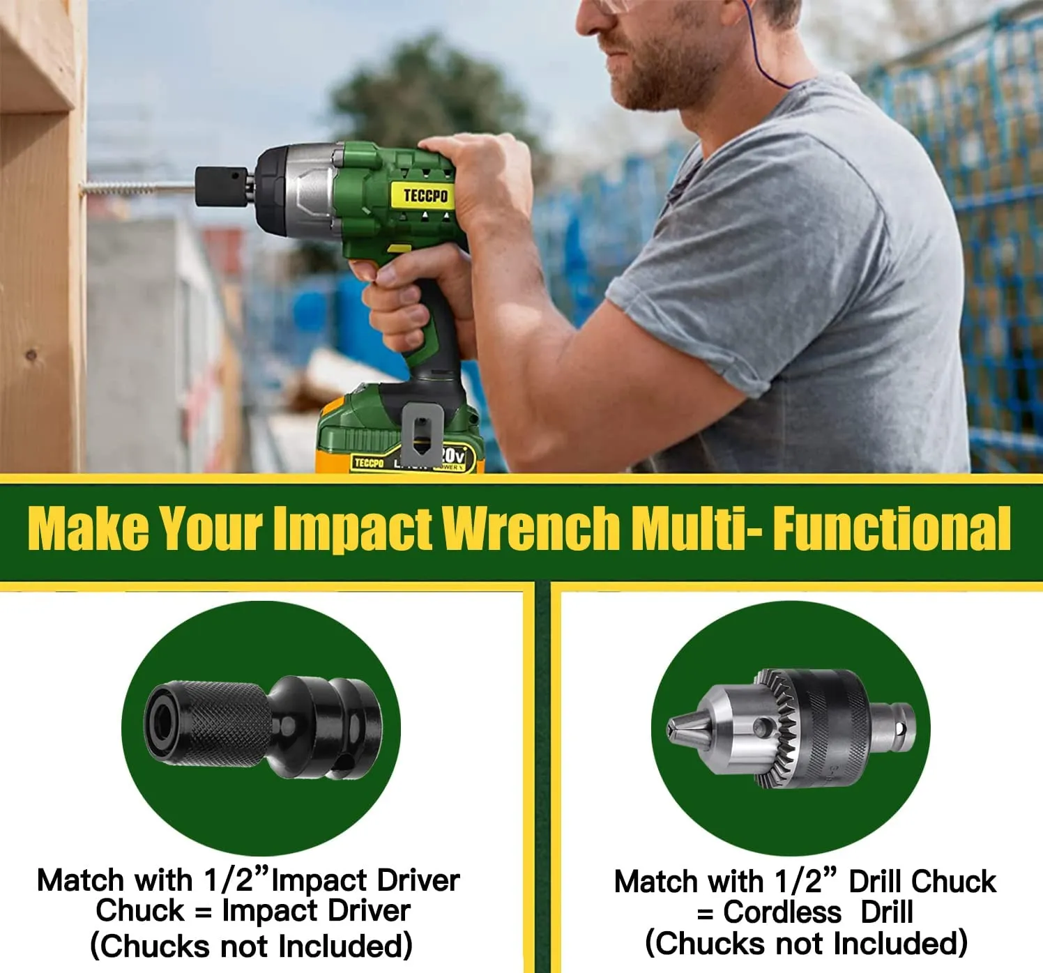 TECCPO Impact Wrench, 4.0Ah Battery Cordless Impact Wrench, Max Torque 350Nm(3100In-lbs), 1/2" All-metal Hex Chuck,  0-2000RPM Variable Speed, 3Pcs Driver Impact Sockets, Toolkit Included - TDIW01P