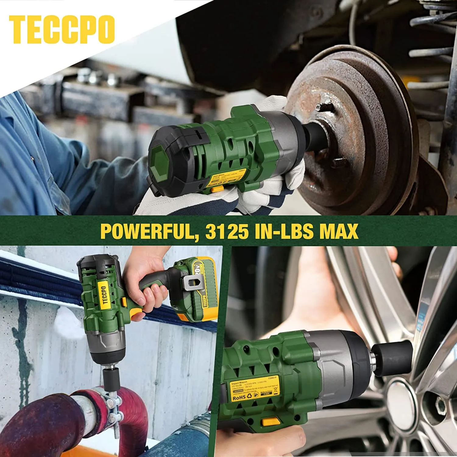 TECCPO Impact Wrench, 4.0Ah Battery Cordless Impact Wrench, Max Torque 350Nm(3100In-lbs), 1/2" All-metal Hex Chuck,  0-2000RPM Variable Speed, 3Pcs Driver Impact Sockets, Toolkit Included - TDIW01P