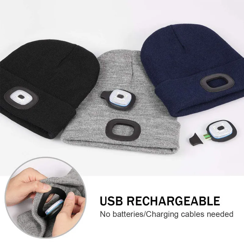 Unisex USB Rechargeable 4 LED Headlamp Cap Winter Knitted Night Lighted Hat