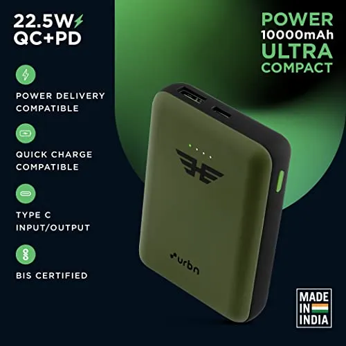 URBN 10000 mAh Lithium_Polymer 22.5W Super Fast Charging Ultra Compact Power Bank with Quick Charge & Power Delivery, Type C Input/Output, Made in India, Type C Cable Included (Camo)