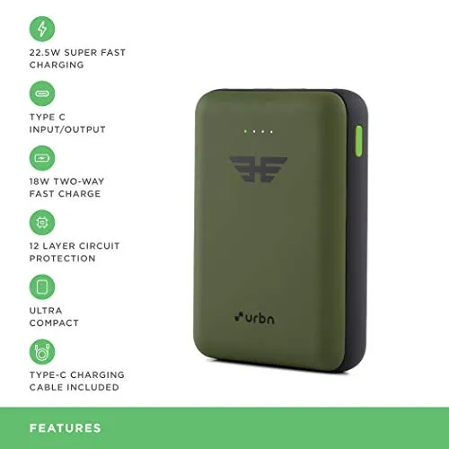 URBN 10000 mAh Lithium_Polymer 22.5W Super Fast Charging Ultra Compact Power Bank with Quick Charge & Power Delivery, Type C Input/Output, Made in India, Type C Cable Included (Camo)