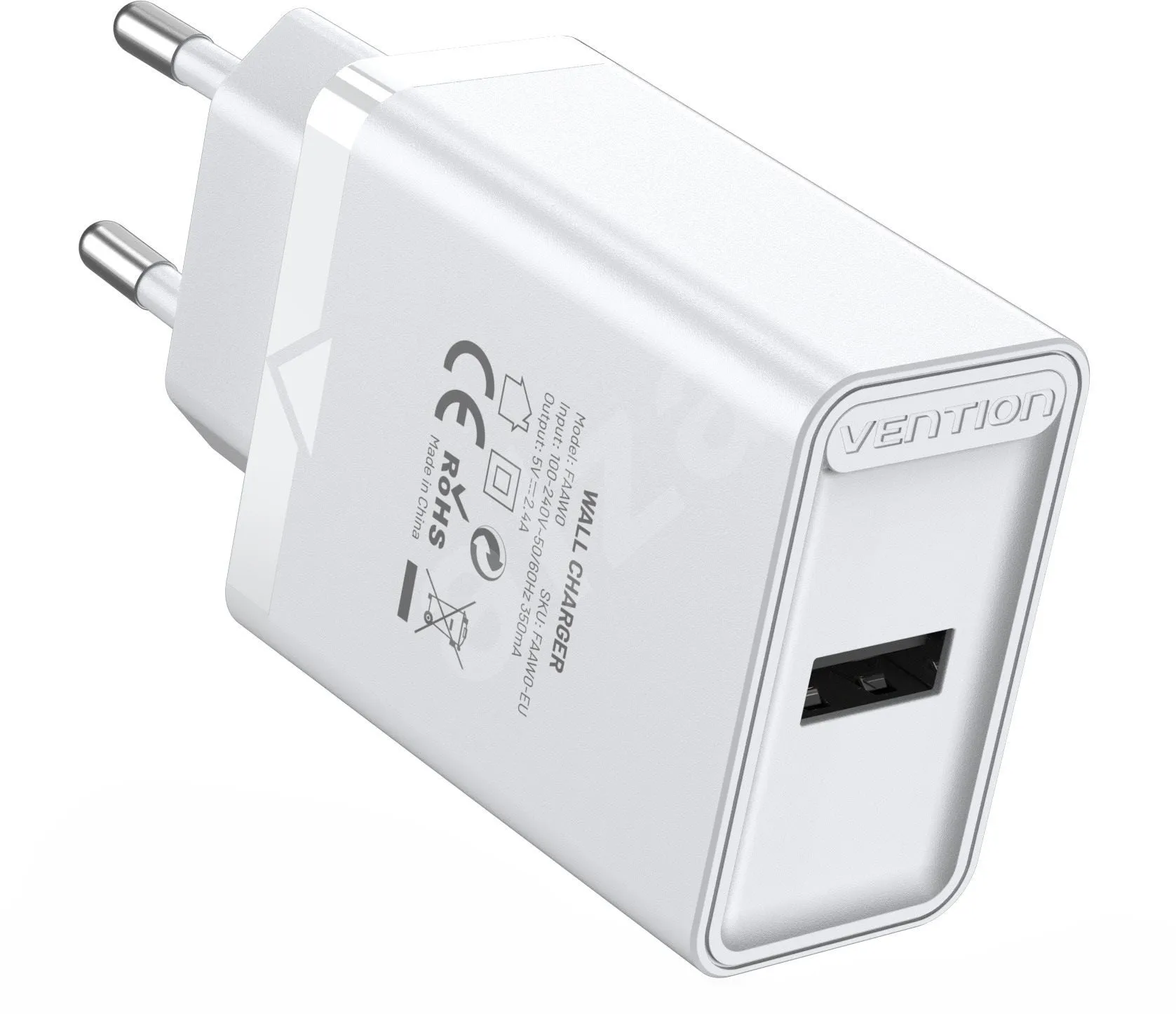 Vention FAAB0-EU 1-port USB 12W Wall Fast Charger Perfect for Smartphones, Tablets and Powerbank (Black, White)