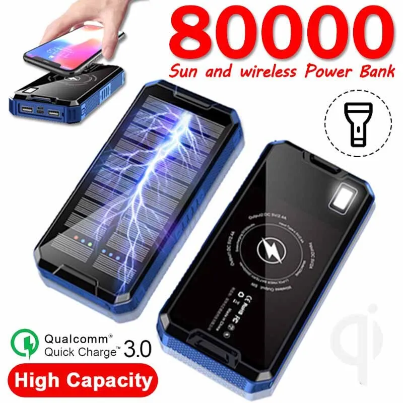 Wireless Solar Panel Power Bank 80000 mA for iPhone Samsung