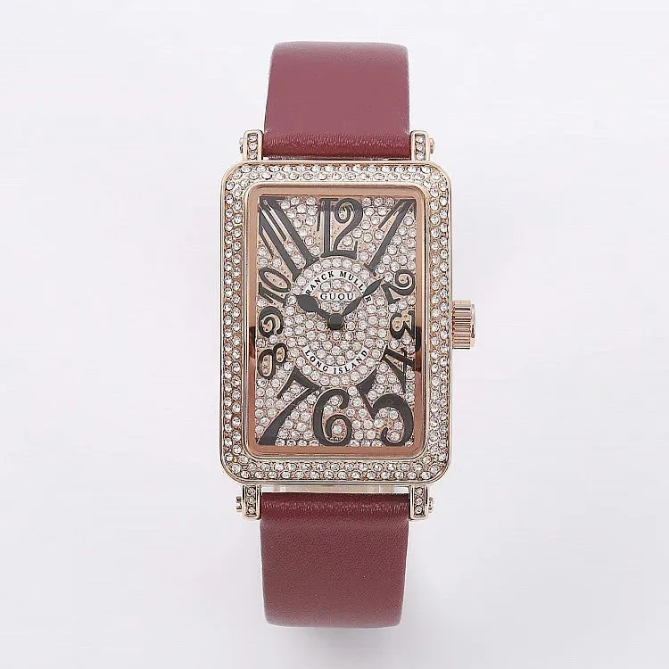 Women's Watch Rectangular full drill dial Numberals Scale Waterproof leather strap elegant watch