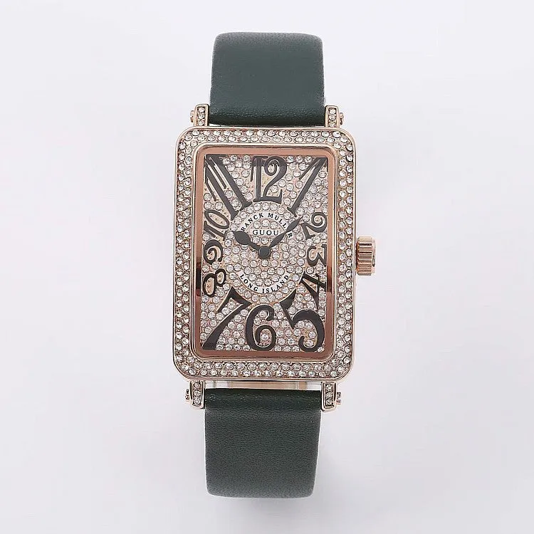 Women's Watch Rectangular full drill dial Numberals Scale Waterproof leather strap elegant watch