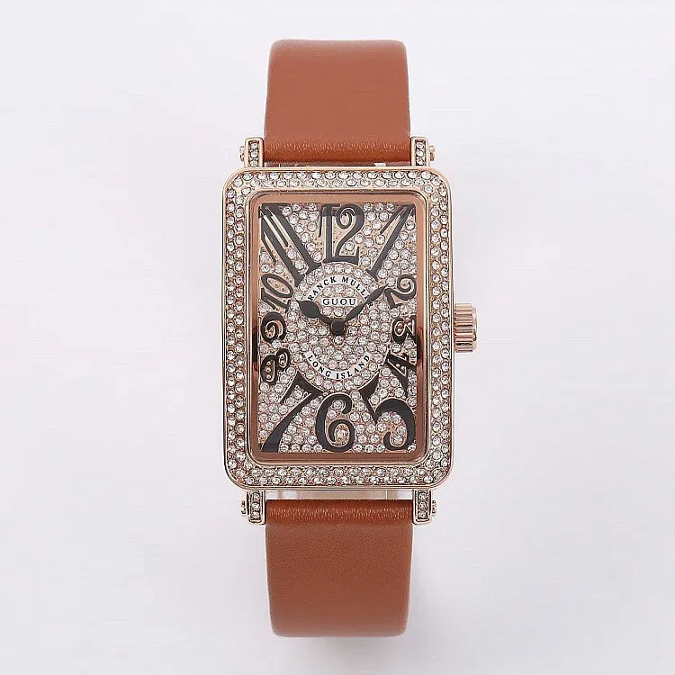 Women's Watch Rectangular full drill dial Numberals Scale Waterproof leather strap elegant watch